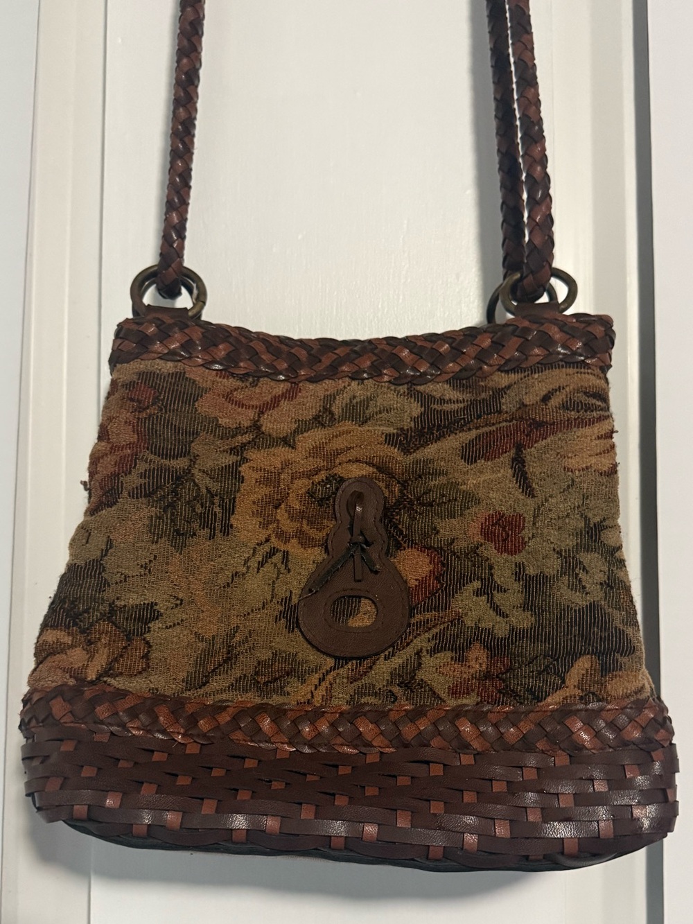 Vintage Tapestry Floral Crossbody Bag Boho Carpet  Braided Leather Trim